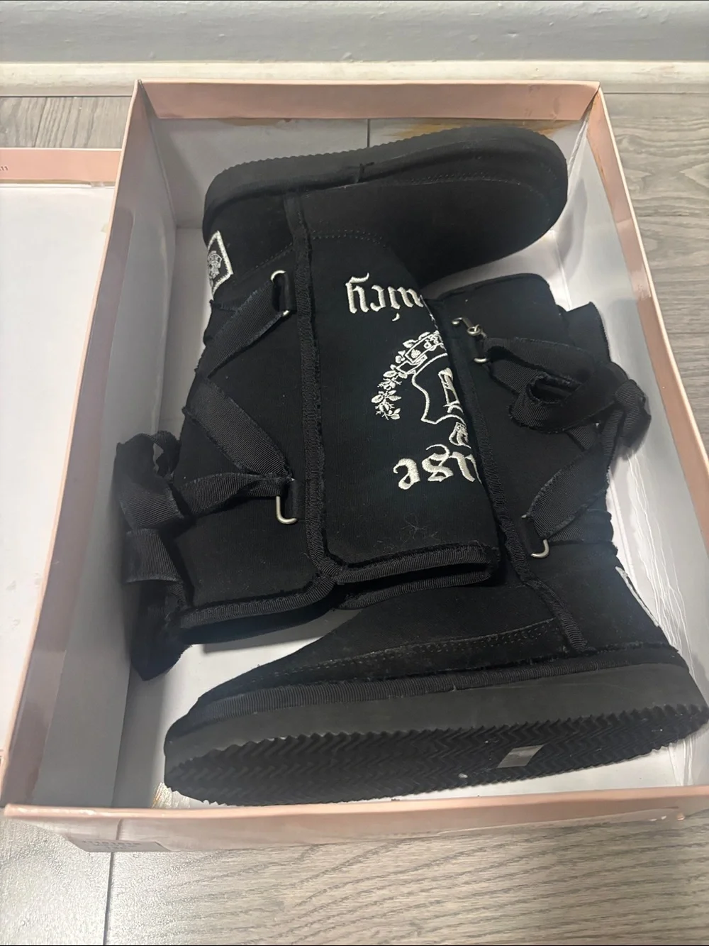 Kids Y2K Juicy Couture Black Jersey Knit Faux Suede Boots with White Embroidery